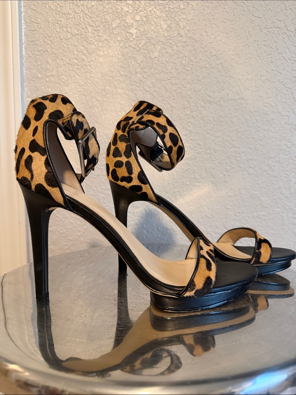 Calvin Klein Leopard Print Ankle-Strap Stiletto Heels - Black & Tan
